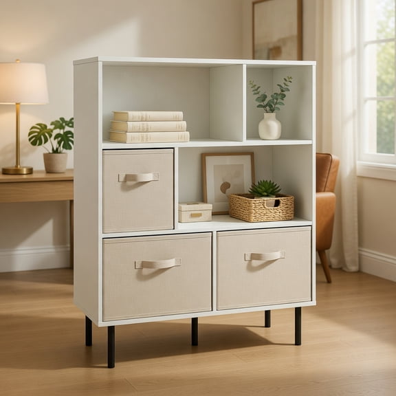 Resenkos 6-Cube Bookshelf with 3 Removable Folding Fabric Drawers, Versatile Storage Cabinet for Living Room, Bedroom, White