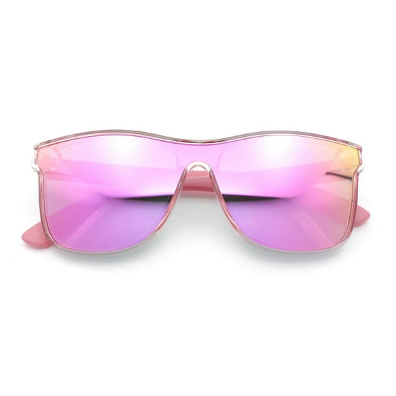 Hipster Color Mirror Inset Shield Lens Horn Rim Retro Plastic Sunglasses Clear Pink - Pink Mirror