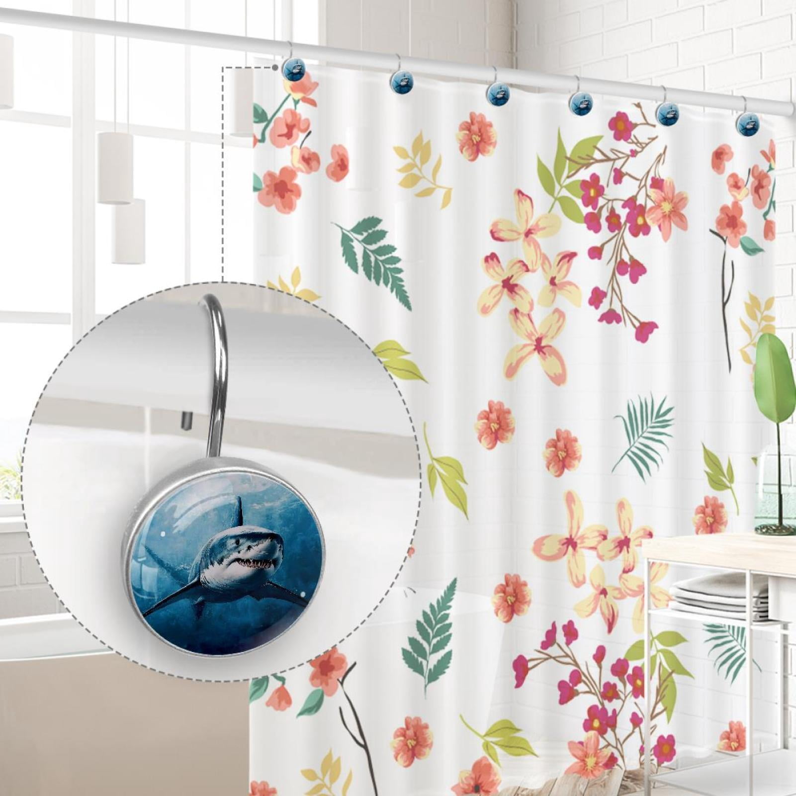 Blue Water Shark Shower Curtain Hooks Round Crystal Glass, Set of 12 Shower Curtain Rings - Shower Hooks for Curtain Shower Rings