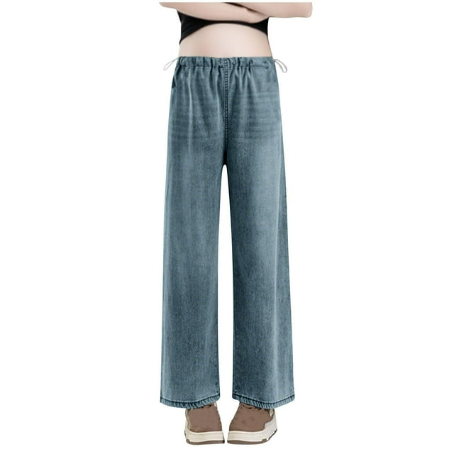 Jean à Jambe Droite pour Femmes, Cordon de Serrage Latéral, Poche, Court, Décontracté, Maternité