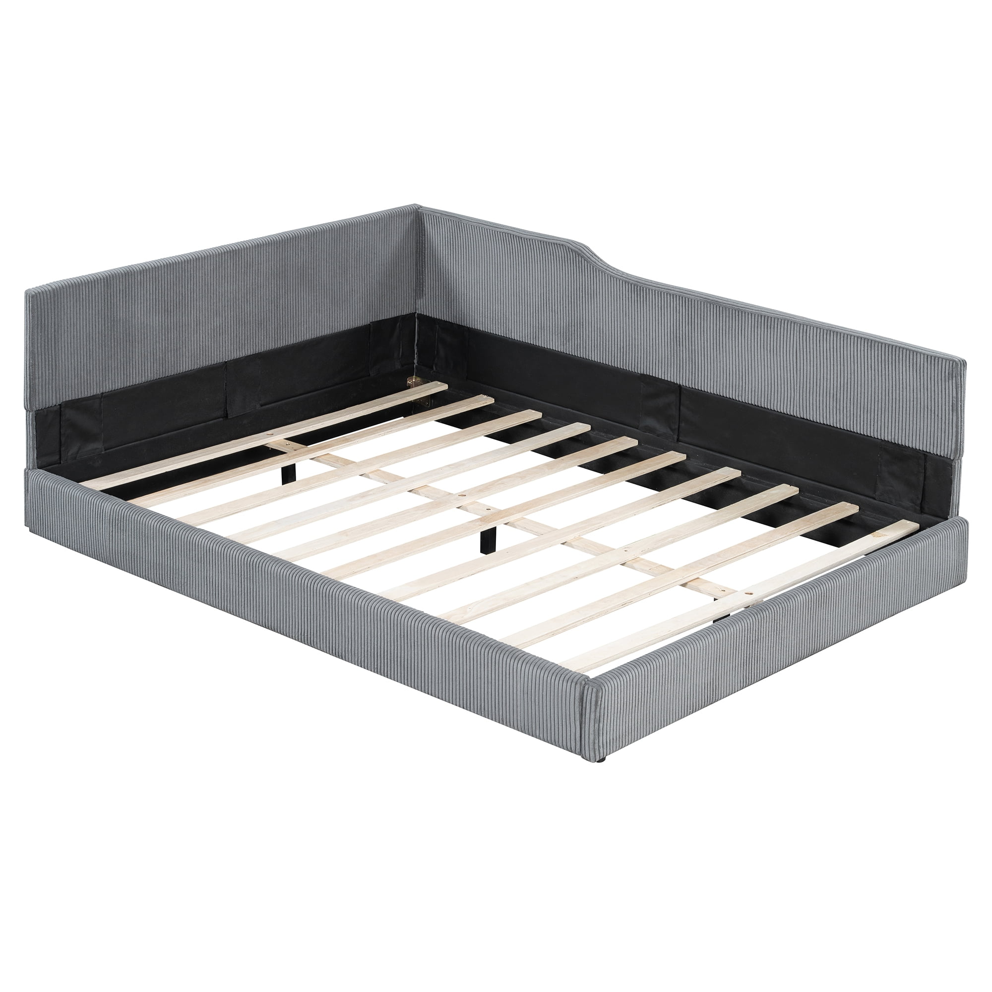 Aukfa Full Size Bed Frame, L-Shaped Corduroy Upholstered Daybed, Gray