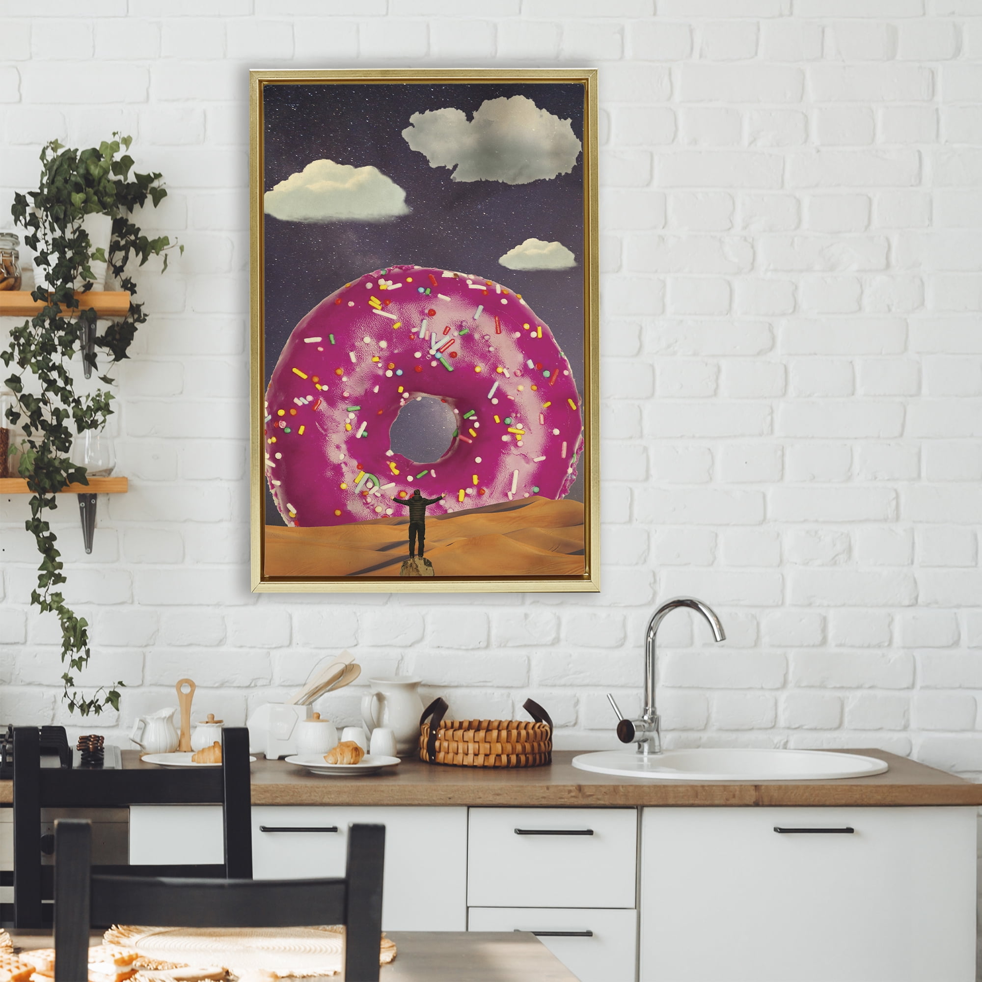 Happy Days Giant Donut Gold Framed Floater Canvas Wall Art, design by Elo Marc