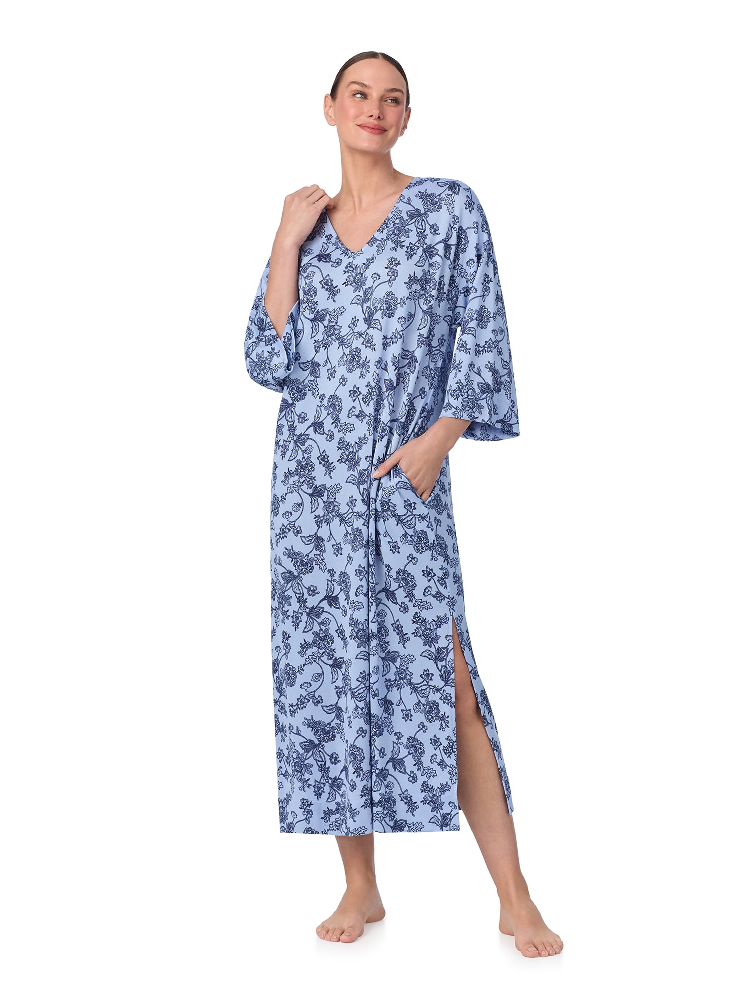Aria Women's Sweater Knit 3/4 Sleeve V-Neck Lounger Nightgown with Pockets, Sizes XS to 5X