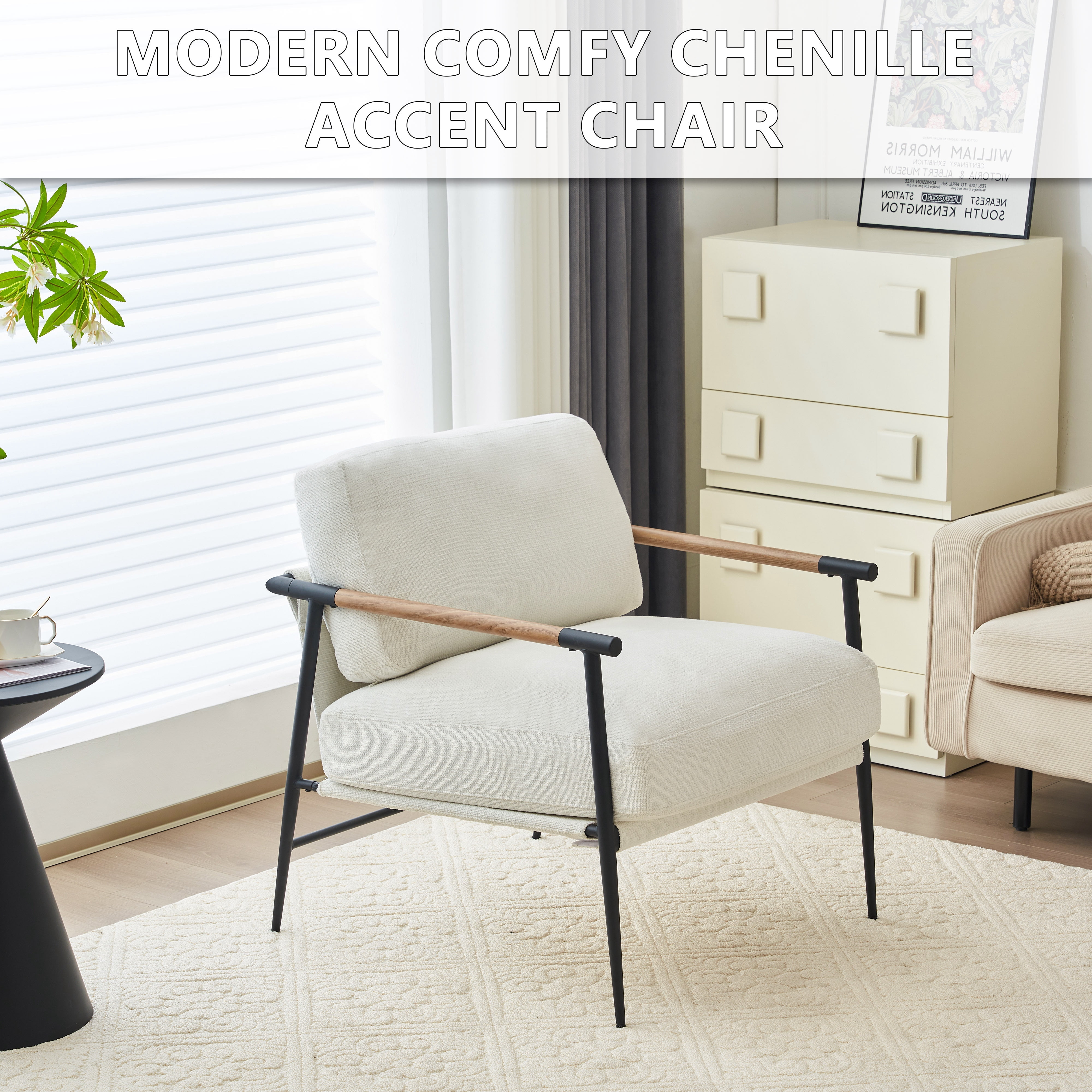 Othniel White Accent Chair Armchair Chenille Mid Century Modern Accent Chair Metal Leg Comfy Cushion for Living Room