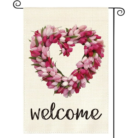 Double Sided Welcome Tulip Flag 12x18 Inch Love Heart Valentine's Day Anniversary Wedding Yard Outdoor Decor