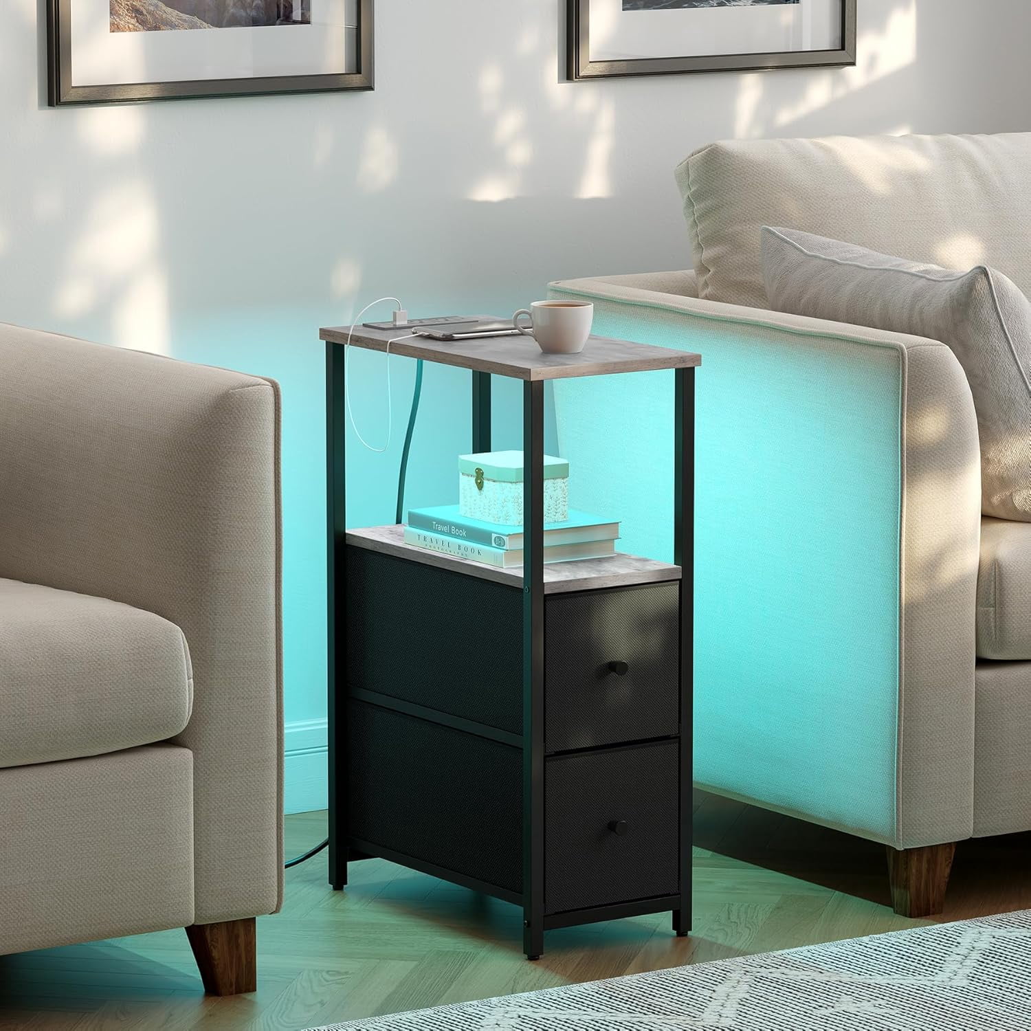 Small Narrow LED End Table with Charging Station, Side Table Outlets, Nightstand with 2 Cloth Drawers, Set of 2, Couch Table, for Living Room, Bedroom, Bedside, Greige