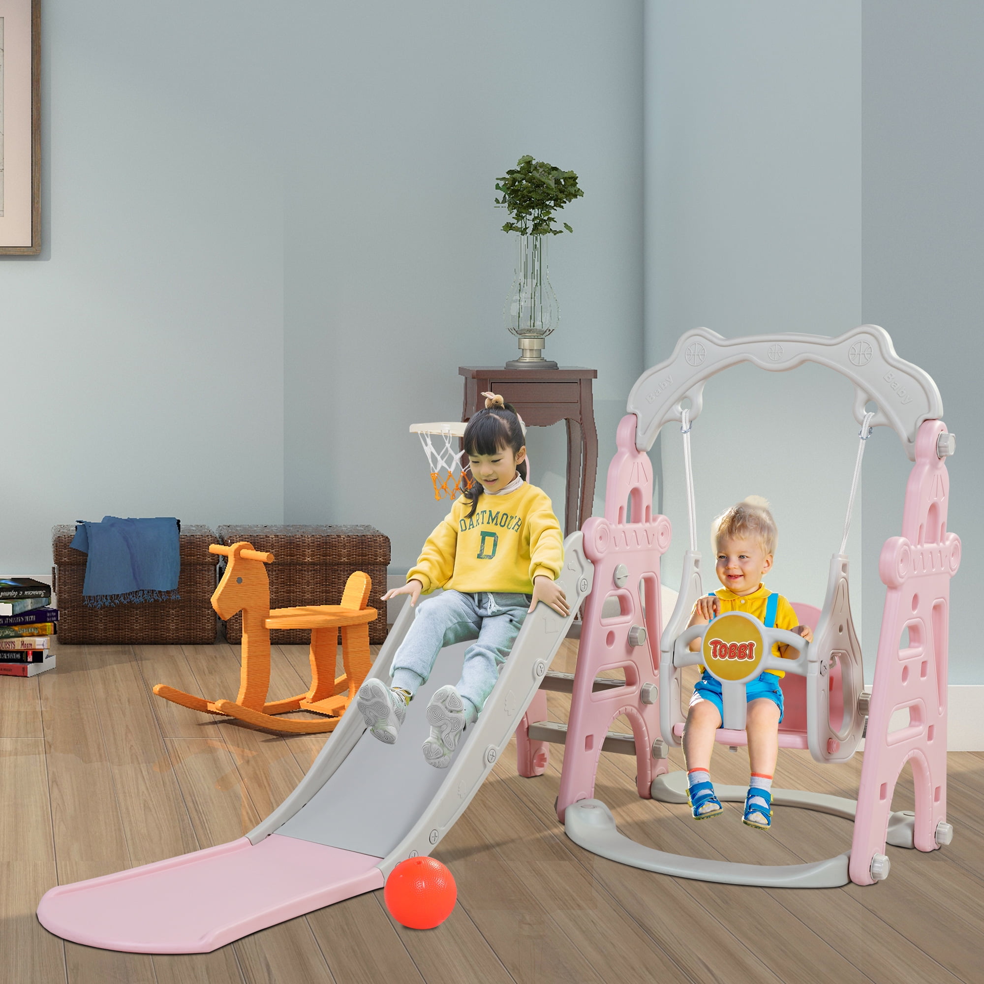 TOBBI 4 in 1 Slide and Swing Set for Toddlers, Indoor Outdoor Slide Climber Toy, Baby Playset