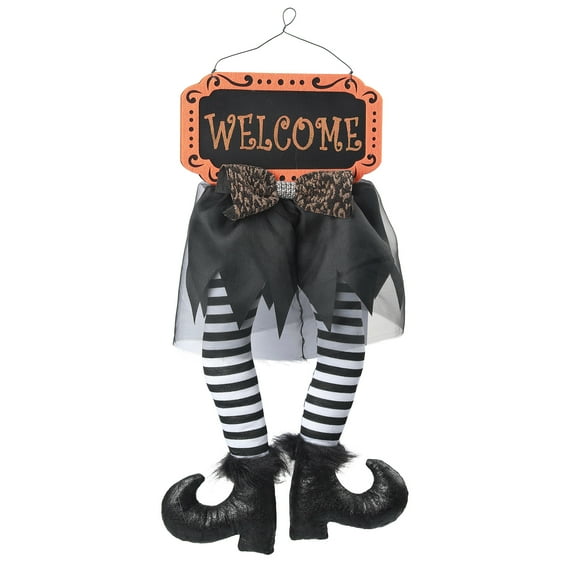 Way to Celebrate! Halloween Black & White Stripped Fabric Witch Legs Two-Sided Sign, 9.5"W x 26"H