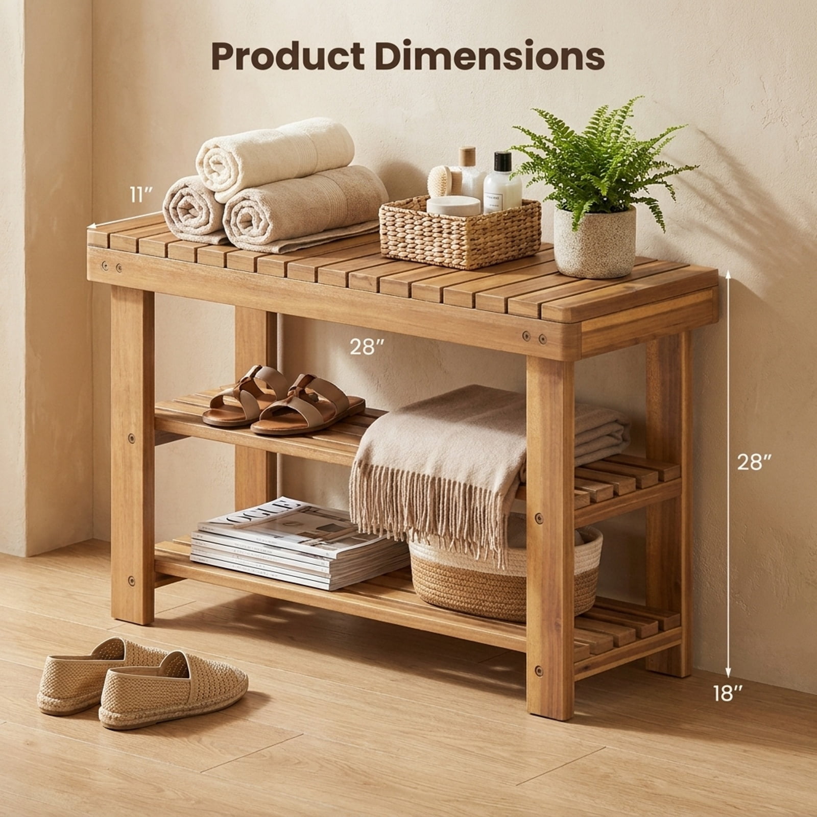 Furnibear 3 Tier Solid Wood Shoe Rack Bench with Slatted Shelves for Entryway Hallway and Living Room Shoe Storage Medium Size, Natural
