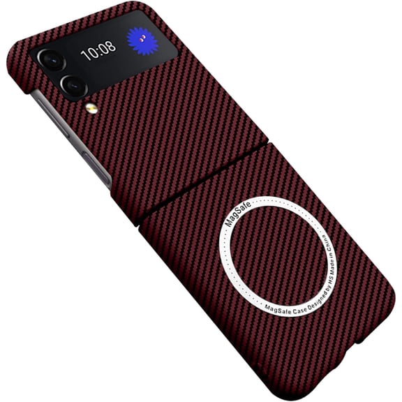 Case for Samsung Galaxy Z Flip 3 5G Case Compatible with MagSafe Charger, Carbon Fiber Textures Slim Fit Lightweight Shockproof Phone Case, Red