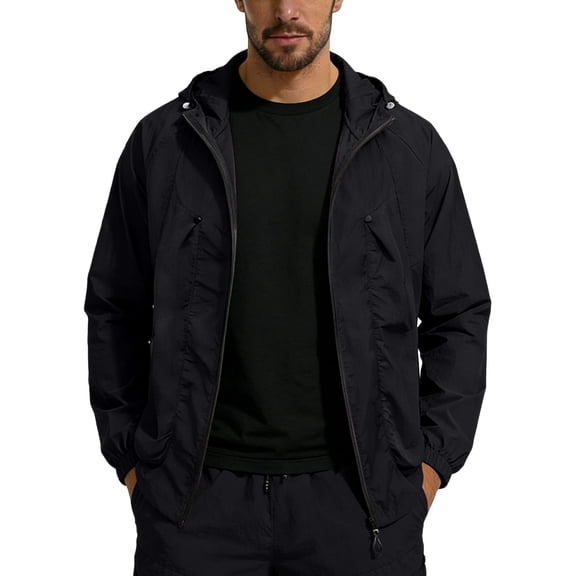 Summer Sunscreen Hoodies for Men Full-Zip Waterproof Long Sleeve Plain Fishing Hiking Sun Protection Light Jackets Black L
