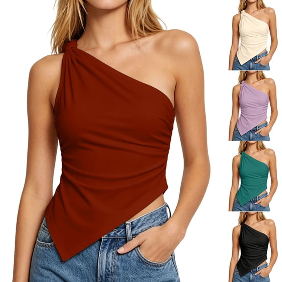 Tqcoqu Womens Summer Tops Sleeveless One Shoulder Slim Fit Y2K Shirts Ruched Knit Asymmetrical Top Blouse,Beige,Women's S-XXL