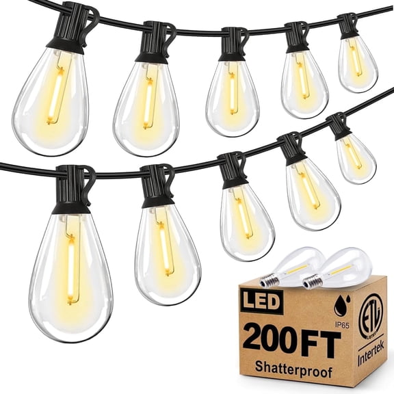 200FT LED Outdoor String Lights,Patio Lights with 52 S14 Shatterproof Vintage Edison Bulbs,Weatherproof Strand,Outside Hanging Light Waterproof for Garden,Black,2700K