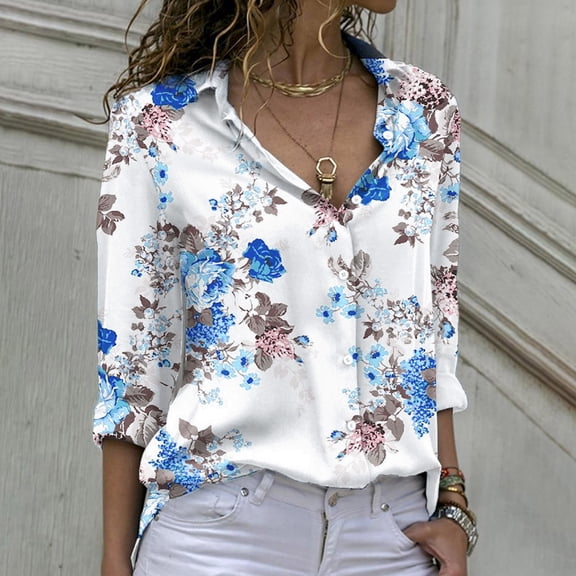 HOWPAY Long Sleeve Shirts for Women Button down Floral Print Loose Fit Classic Collared Business Casual Shirts Stretch Oversized Fall Outfits Blue L