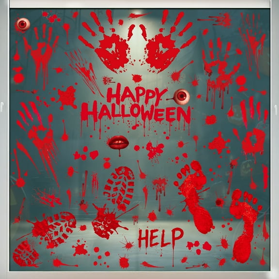 Spooky Halloween Window Clings Stickers,DIY Happy Halloween Sign Bloody Footprint Handprint Wall Decals,Double-Sided Footprint Handprint Stickers Boo Decoration for Windows Cling Party Favors