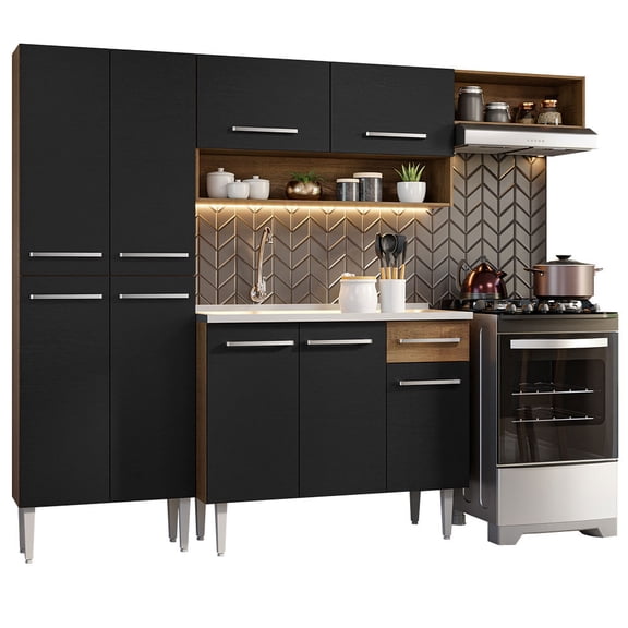 Cocina Integral Madesa Emilly Fit Con Tarja 229cm Marrón/Negro