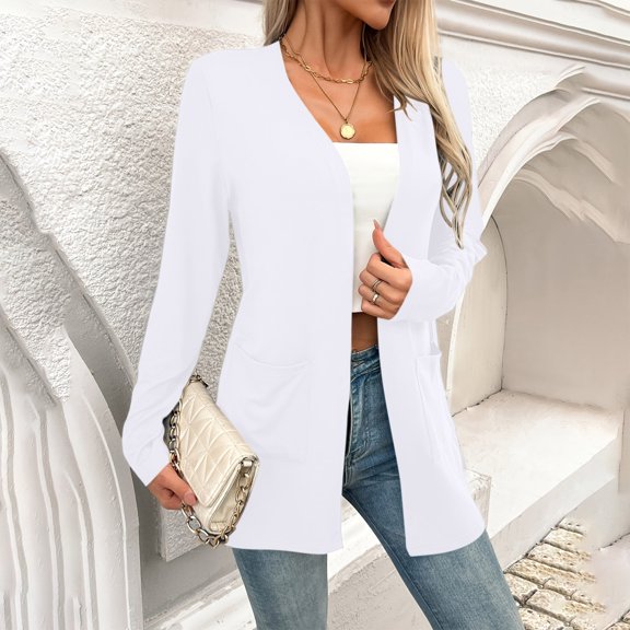 Women's Long Sleeve Cardigan Sweater, Solid Color Open Front Knit Top, Casual Drapey Cardigan For All Seasons White Xl