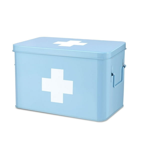 Flexzion First Aid Box Organizer Empty 13" Blue Vintage First Aid Kit Tin Metal Medical Box - First Aid Storage Box Container Bins with Divi