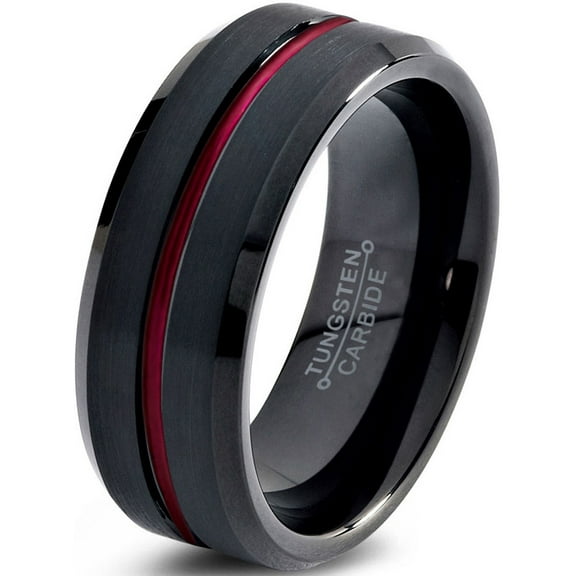 P. Manoukian Tungsten Wedding Band Ring 10mm for Men Women Red Black Beveled Edge Brushed Polished Lifetime Guarantee Size 14