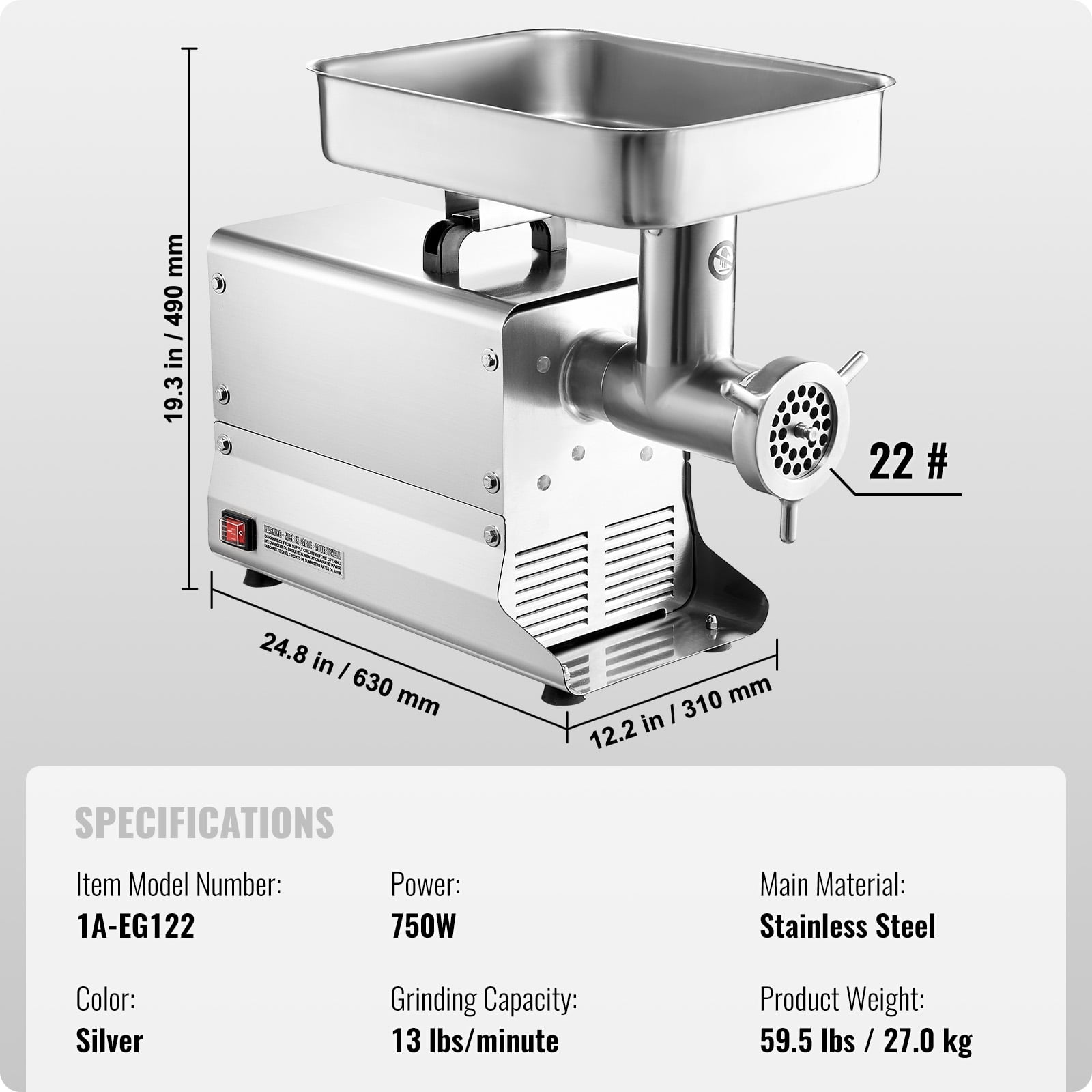 VEVOR Meat Grinder, 13 Lbs/Min Capacity Electric Meat Grinders with Blade, Grinding Plate, Sausage Maker, Stainless Steel Commercial Meat Mincer for Kitchen Restaurant Butcher Store