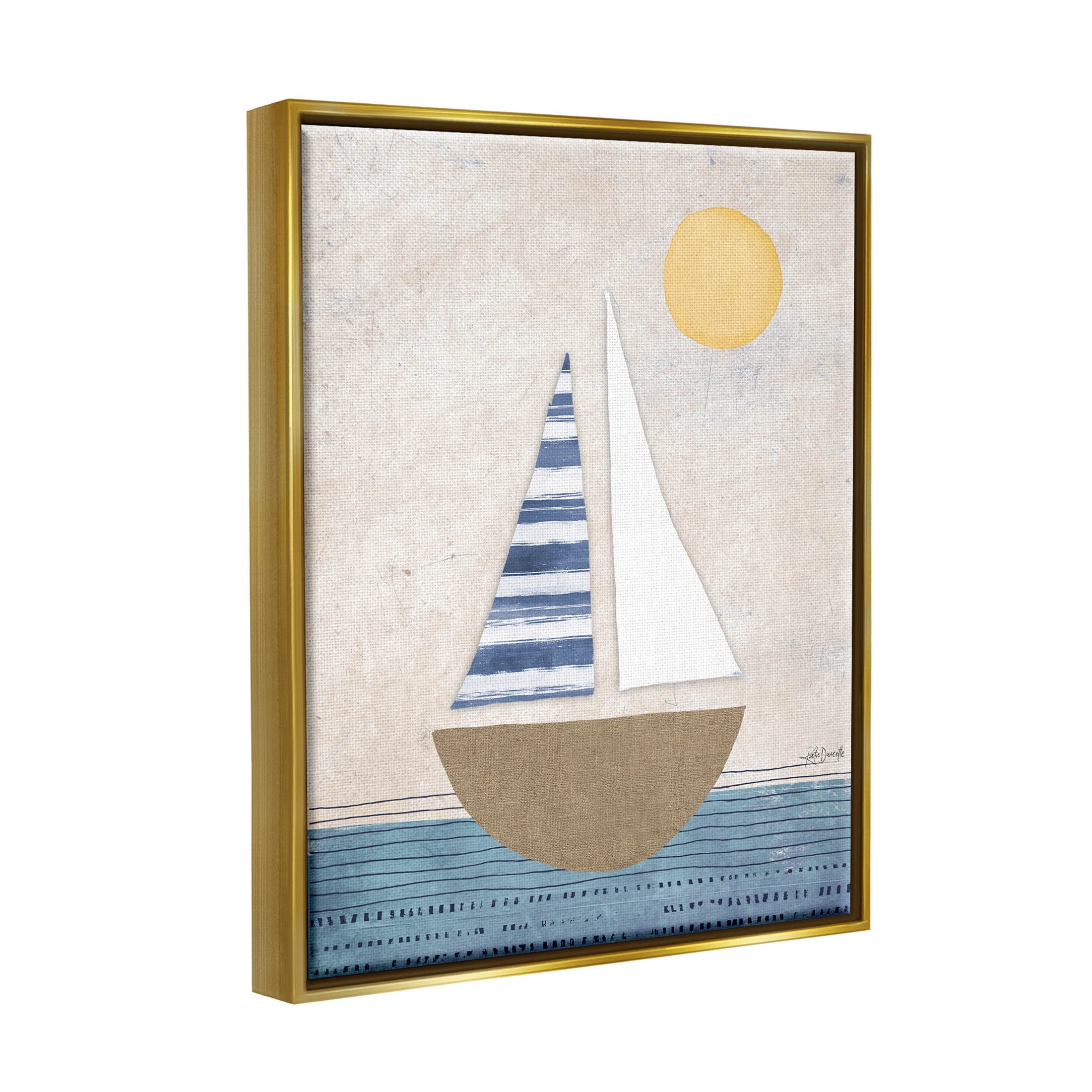 Stupell Industries Geometric Sailboat Striped Ocean Water Graphic Art Metallic Gold Floating Framed Canvas Print Wall Art, Design by Katie Doucette