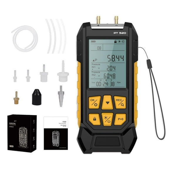 Digital Manometer LCD Dual Port Differential Air Pressure Gauge HVAC -100~200Kpa