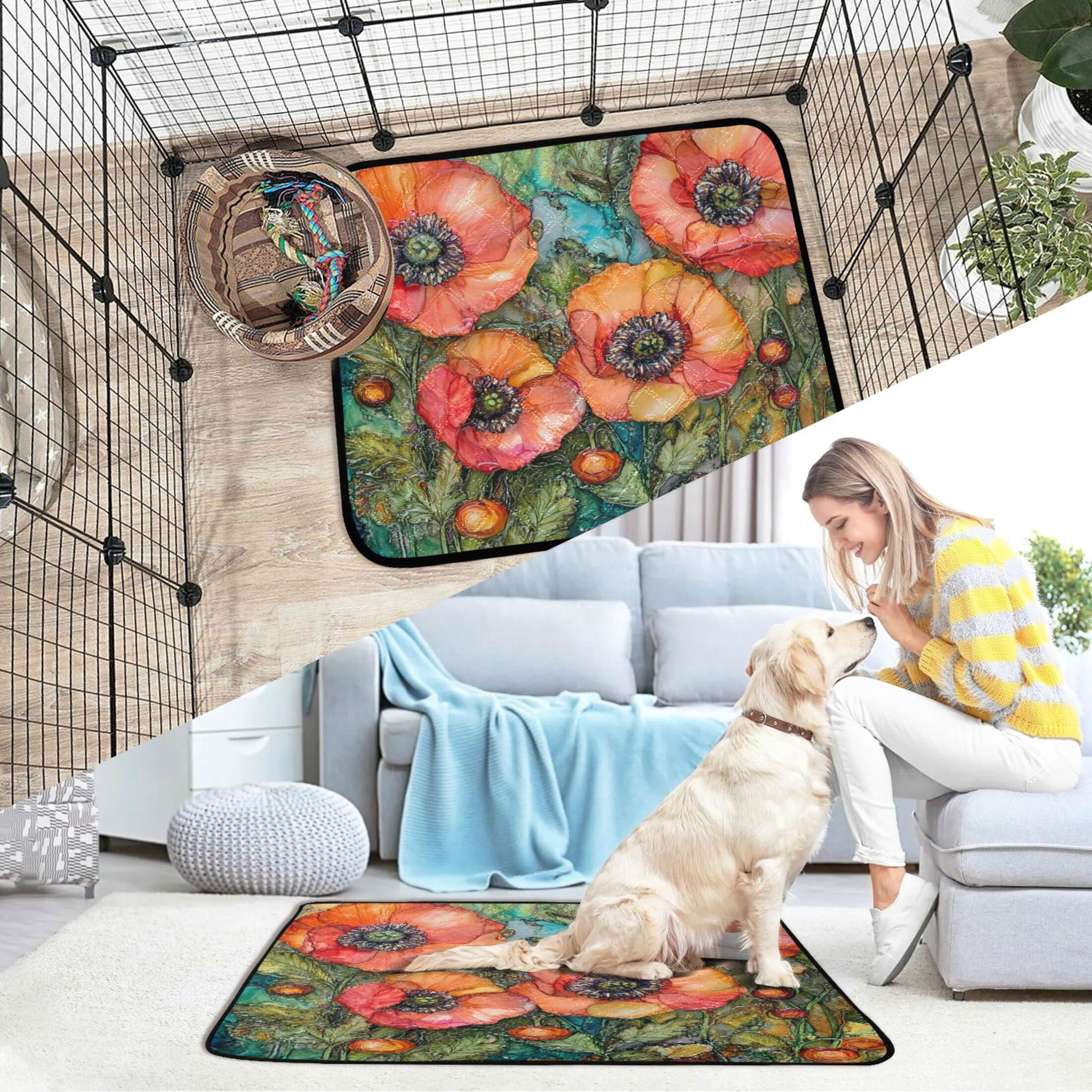 Qxltty Red Poppies Cat litter Pads Pet Set of 3 Diaper Mats Center Anti-leakage Layer Absorbent Soft and Comfortable