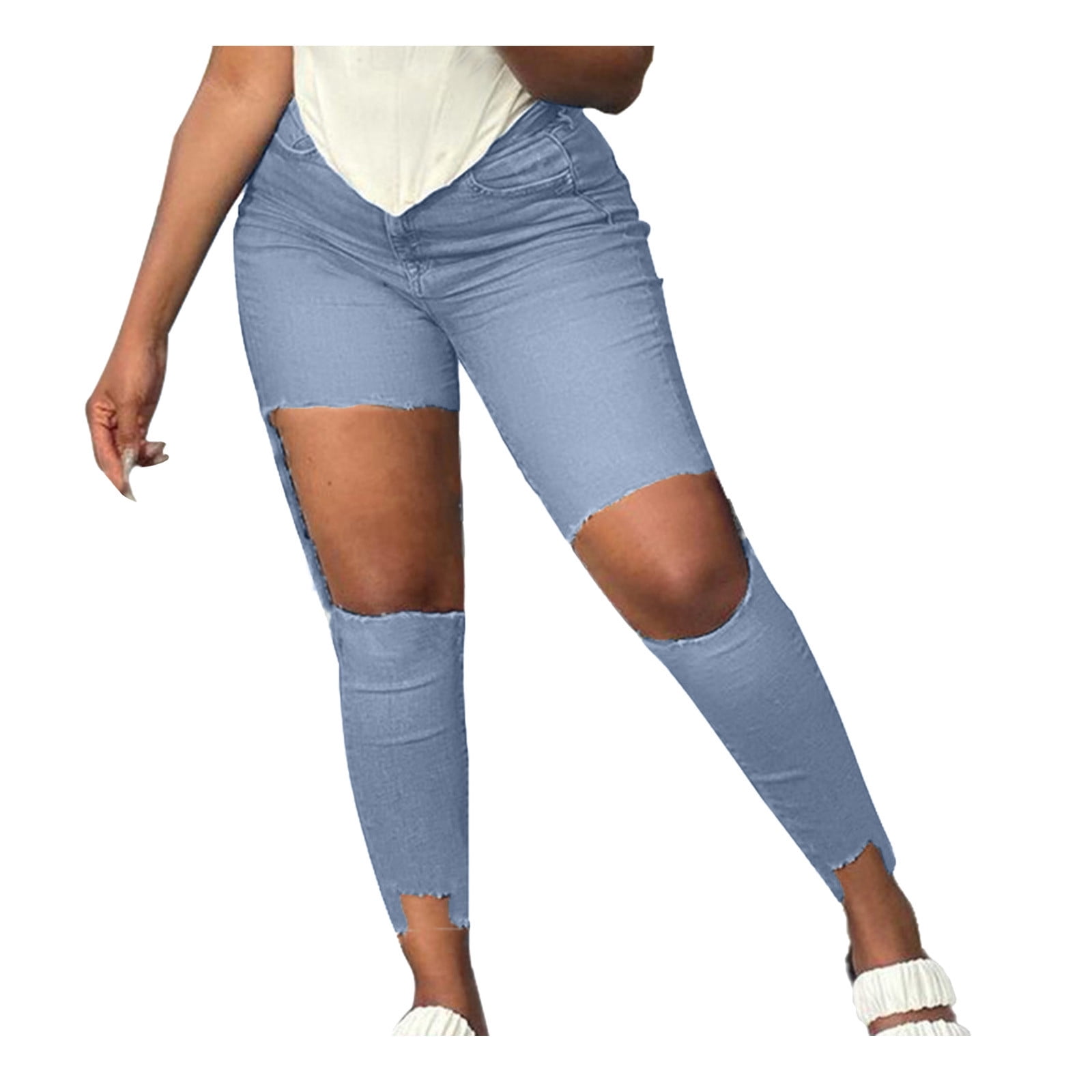 Miarhb Women S High Waisted Ripped Pants Straight Denim Jeans Casual Baggy Trousers Light Blue Xl Walmart Com