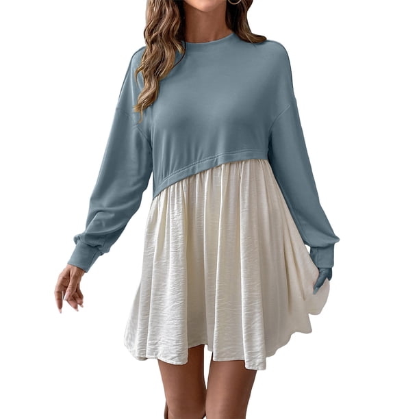mfyjkho Vestidos de verano para mujer, Vestido de mujer de color liso con cuello redondo, manga larga y costuras en contraste Vestidos de fiesta para mujer xl