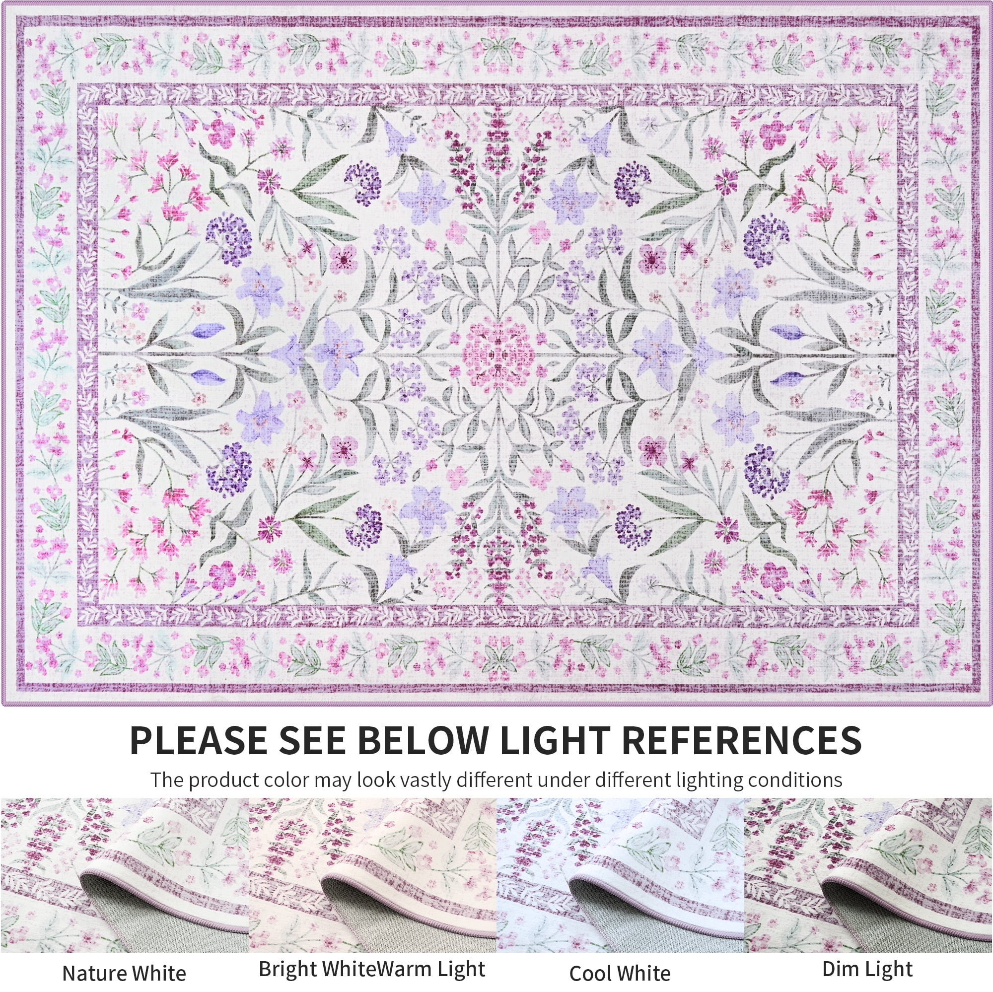 Wondo 4x6 Ft Purple Floral Area Rug - Machine Washable Low Pile Non-Slip Carpet, Boho Vintage Farmhouse Decor for Living Room, Bedroom, Nursery & Office