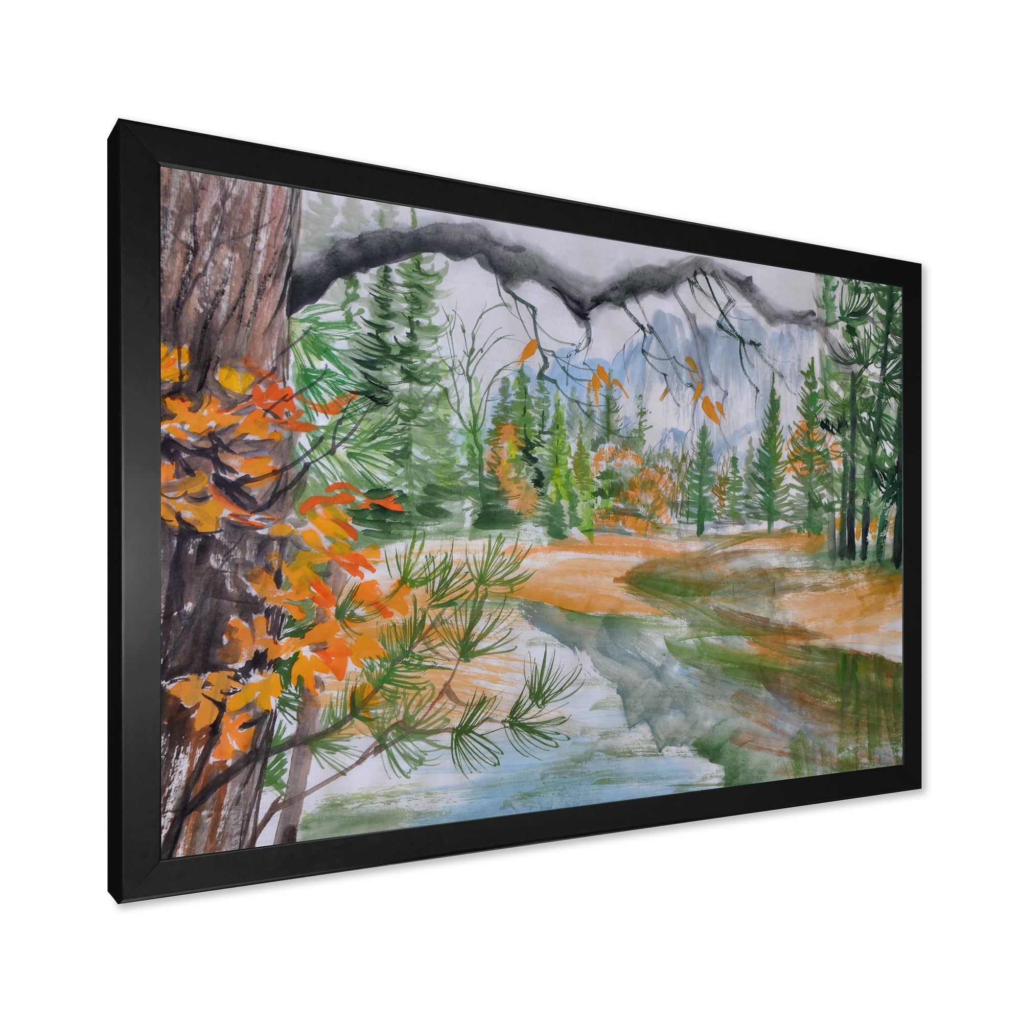 Designart 'Trees With River In Autumn Forest' Lake House Framed Art Print
