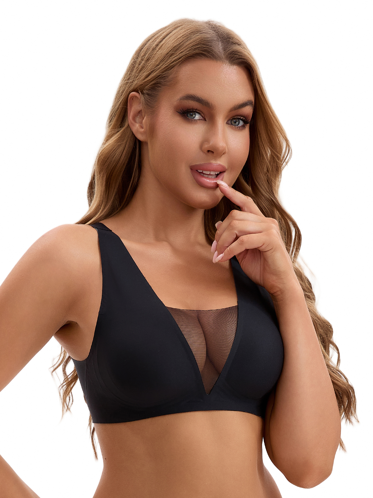 Unique Bargains Women's Deep V Seamless Mesh Plunge Bras Minimizers M Black