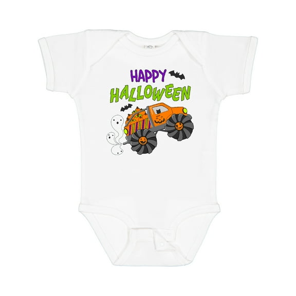 Inktastic Happy Halloween-monster truck with pumpkins, bats, cat,and ghost Boys or Girls Baby Bodysuit