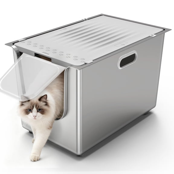 Ptlom Flip Top Stainless Steel Litter Box 22.8" x 14.9" x 13.7" Extra Large Metal Litter Box with Lid High-Sided One-Piece Litter Pan