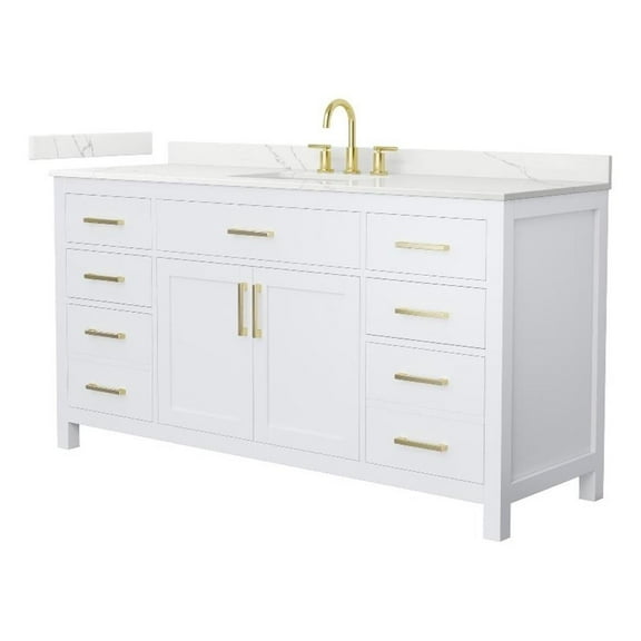 Beckett 66" White Single Vanity & Giotto Quartz Top (3-Hole) & Gold Trim
