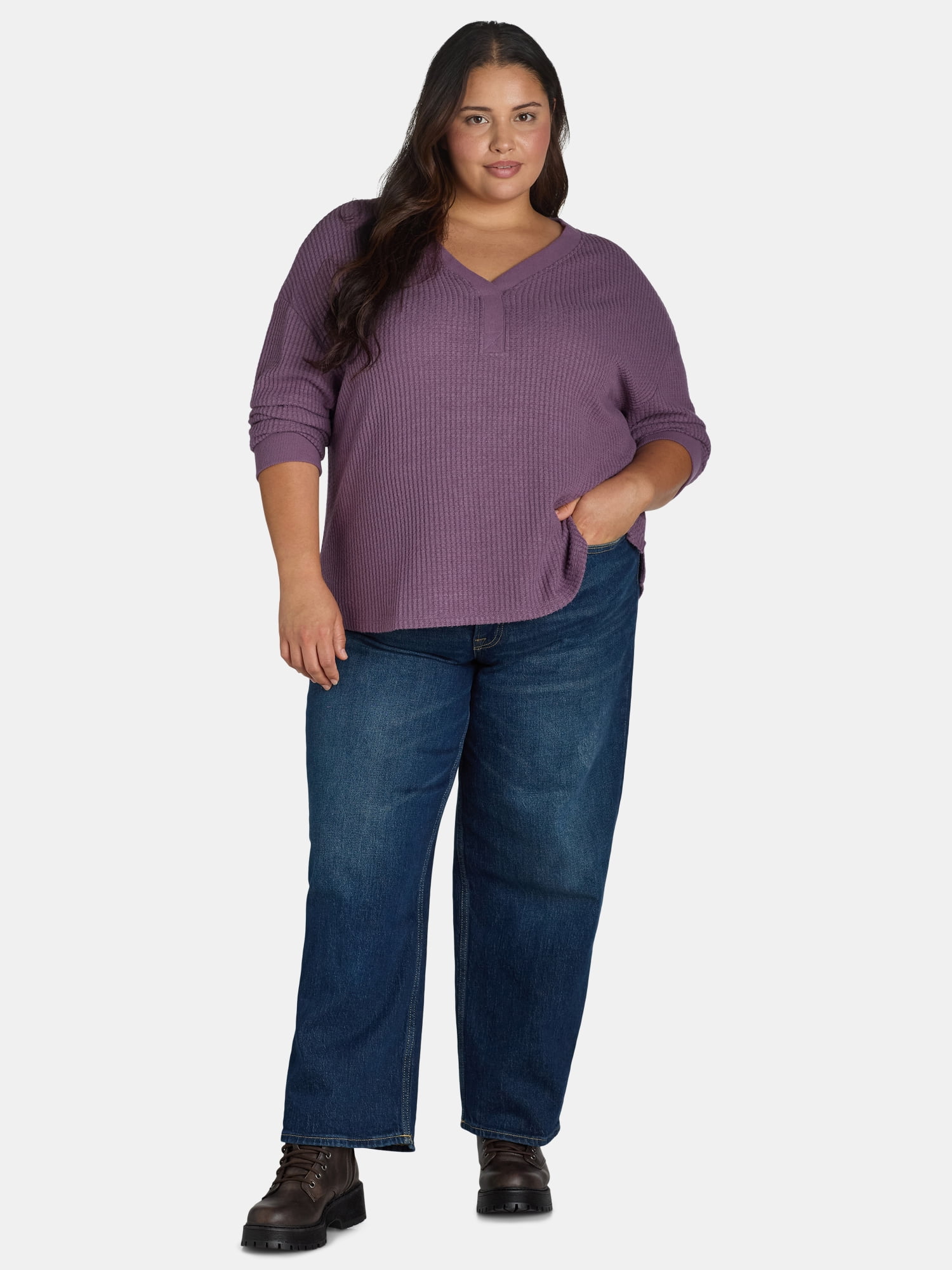 Terra & Sky Women’s Plus Waffle V Neck Henley Top, Sizes 0X-5X