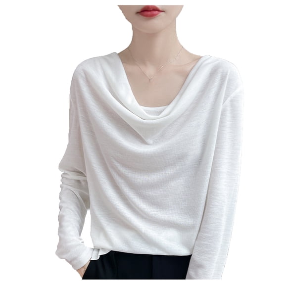 XPMWRP Women's Cowl Neck Tops Comfy Soft Long Sleeve Tunic T Shirts Lightweight Solid Color Fashion Vacation Blouse White L