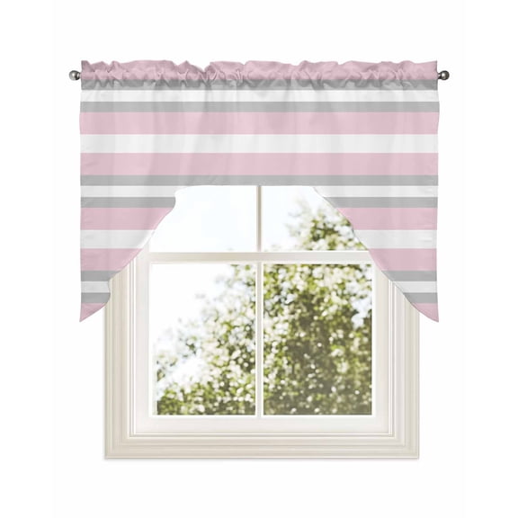Pink Grey Stripe Kitchen Curtains Swag Valance for Windows/Bathroom/Cafe, Minimalist Farmhouse Striped Rod Pocket Drape Panel Swag Curtains Valance for Bedroom/Living Room 56"x36"