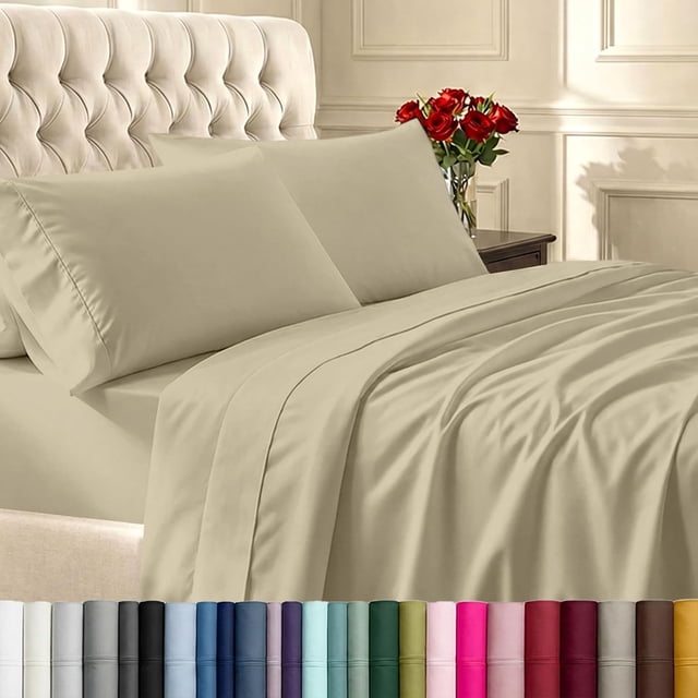 Ensemble de Draps Beige Format Double, 400 Fils 100 % Satin de Coton, Draps Doux et Respirants à Poches Profondes, Ensemble de Draps Double Rafraîchissant - Beige (Ton Doré)