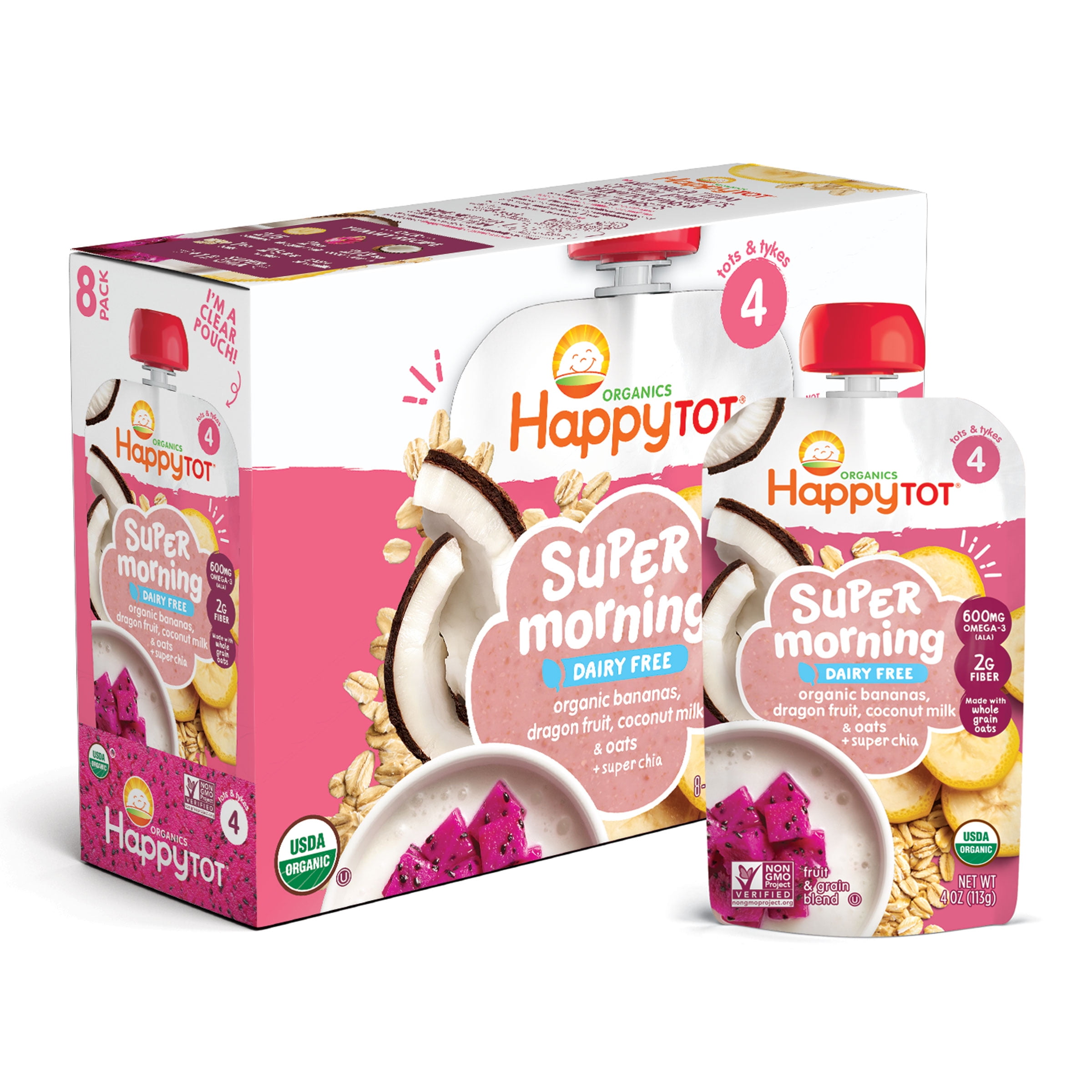 Happy Tot Toddler Baby Food, Bananas, Dragonfruit, Coconut Milk & Oats + Super Chia, 4 oz Pouch, 8 Count