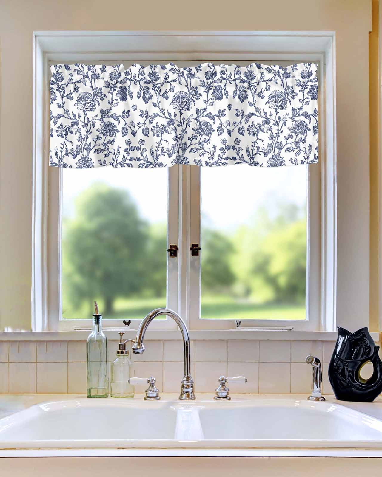 Watercolor Dark Blue Flower Curtain Valances for Kitchen Windows,Rod Pocket Short Valance Retro Pastoral Floral Texture Window Treatment for Living Room Bathroom Bedroom,42" x 12"-1 Panel