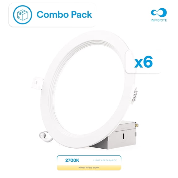 Infibrite 6” Black Baffle Trim LED Light Fixture, Dimmable Slim Ceiling Recessed Downlight, Daylight, 6 Pack