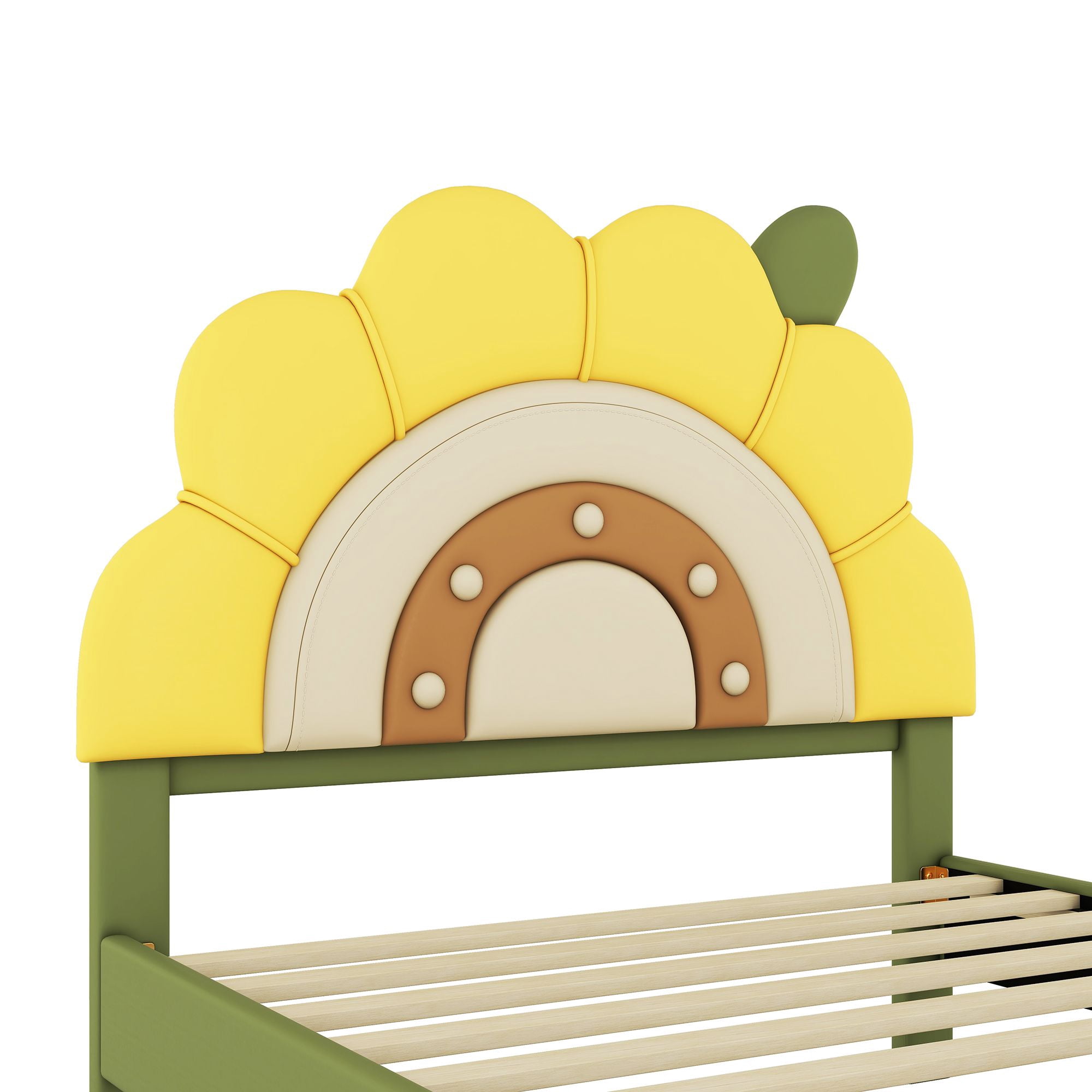 Aukfa Twin Upholstered Bed Frame, Cartoon Bed with Sunflower Shape Headboard for Kids, Green