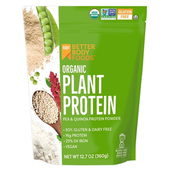 BetterBody Foods Organic Plant Based Protein Powder, 16g of Protein 24% DV, Vegan, 12.7 oz
