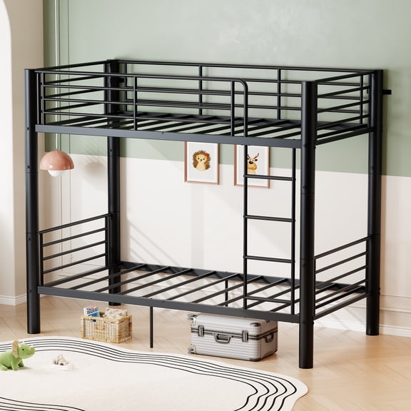 GARITIN Twin Over Twin Metal Bunk Bed, 2-Inch Heavy-Gauge Tubing, Detachable 2-in-1 Platform Beds with Safety Rails & Wide Ladder, Quiet Stable Frame for Small Rooms, Black