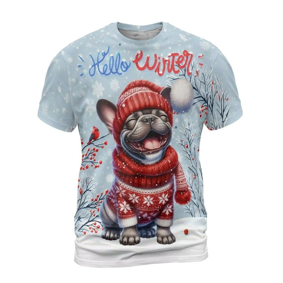 Hello Winter French Bulldog Smiling in Red Scarf Hat Welcome Christmas All Over Print 3D Shirt Unisex Merch Dog Lover Gifts - 00017