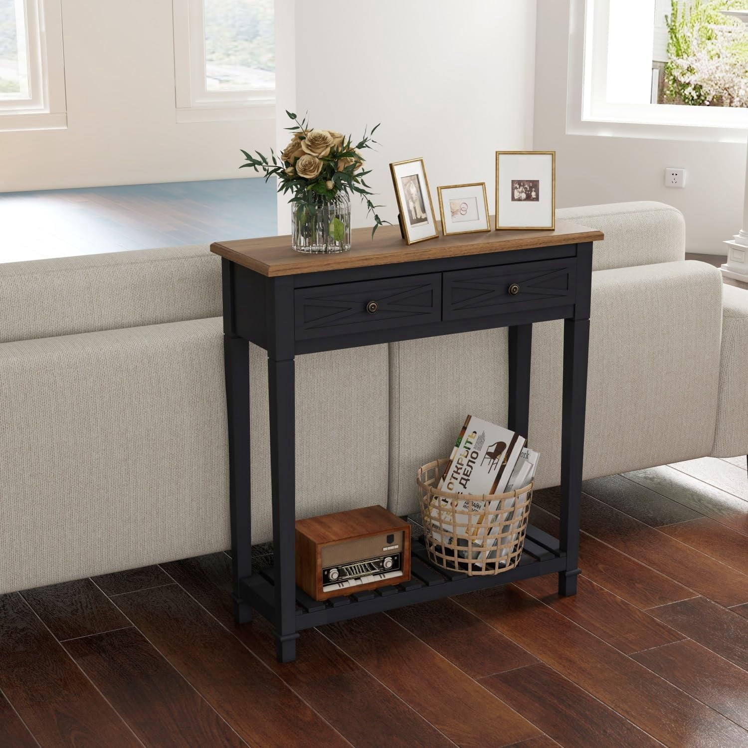 Narrow Entryway Table - Console Table with 2 Drawers, Wood Sofa Table with Storage Shelf, Couch Table Behind Sofa, Farmhouse Entryway Table for Hallway Entryway Living Room, Black
