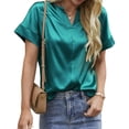 thumbnail image 2 of DondPO Women's T-Shirts Women's Solid V Neck Satin Commuting Loose Casual Short Sleeved T Shirt Shirts for Women Womens tops Green S, 2 of 5