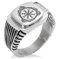 thumbnail image 1 of Stainless Steel Aegishjalmur Awe & Terror Helm Viking Rune CZ Ribbed Needle Stripe Pattern Biker Style Polished Ring, 1 of 1