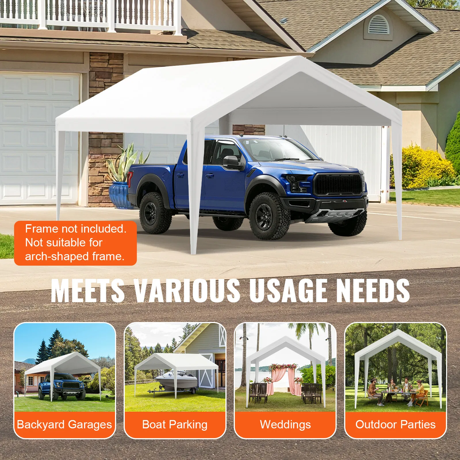 10x20 ft Carport Replacement Canopy Cover-Heavy-Duty Waterproof Garage Tent Shelter Tarp with UV Protection,Easy to Install with Ball Bungees,White Top Cover Only